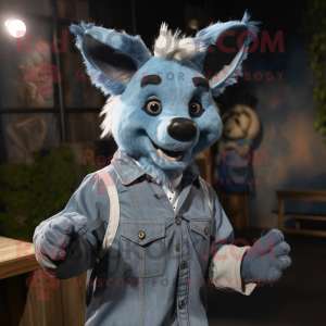 Cyan Hyena mascot costume character dressed with a Denim Shirt and Cufflinks