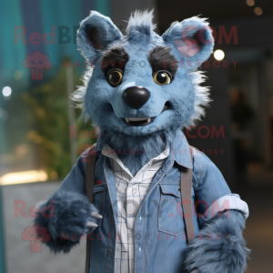 Cyan Hyena mascot costume character dressed with a Denim Shirt and Cufflinks