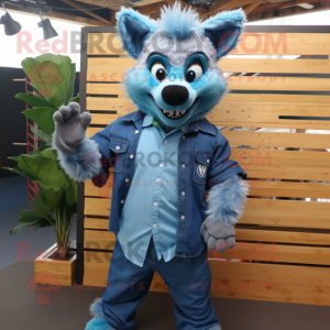 Cyan Hyena mascot costume character dressed with a Denim Shirt and Cufflinks