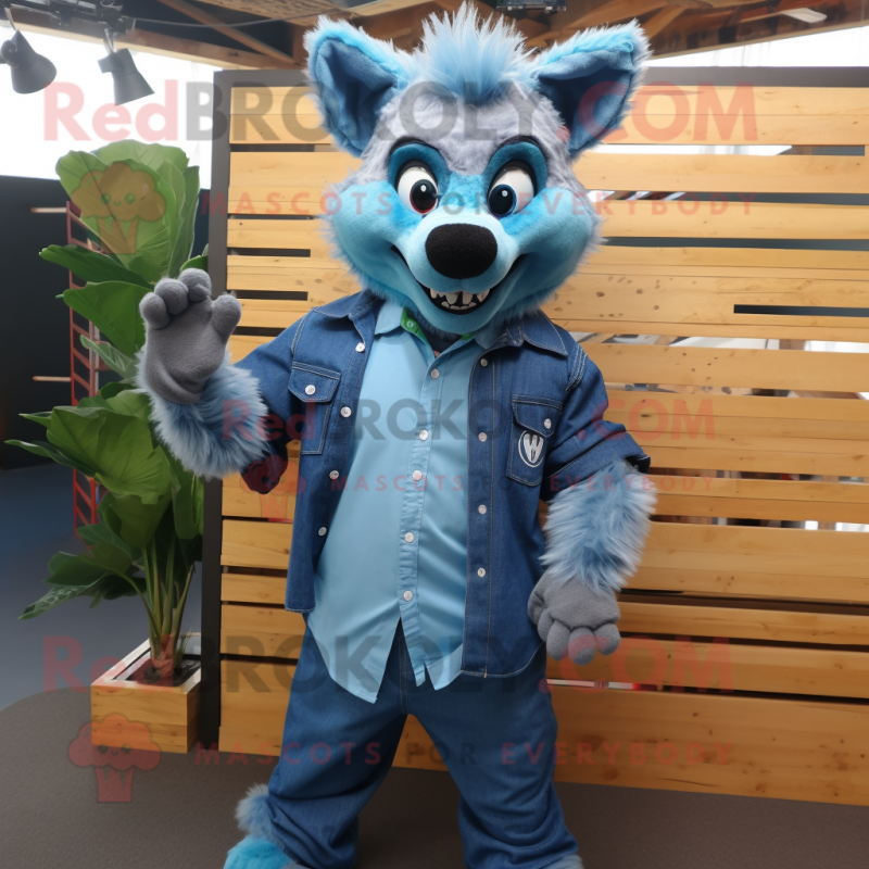 Cyan Hyena mascot costume character dressed with a Denim Shirt and Cufflinks