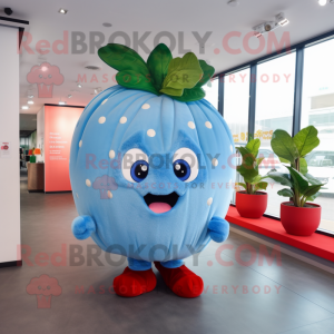 Sky Blue Strawberry mascot costume character dressed with a Dress and Hair clips