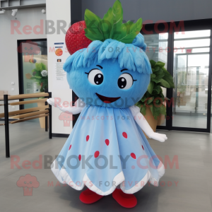 Sky Blue Strawberry mascot costume character dressed with a Dress and Hair clips