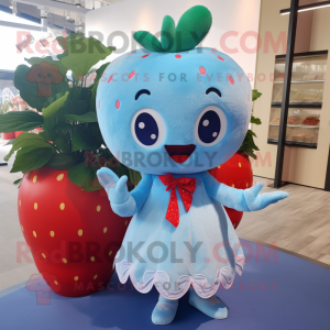 Sky Blue Strawberry mascot costume character dressed with a Dress and Hair clips