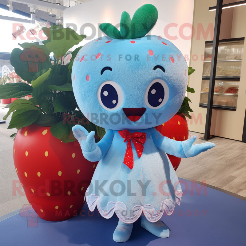 Sky Blue Strawberry mascot costume character dressed with a Dress and Hair clips