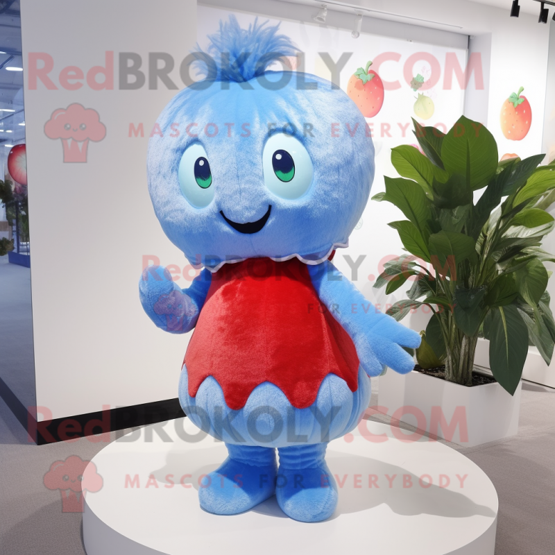 Sky Blue Strawberry mascot costume character dressed with a Dress and Hair clips Sky Blue Strawberry mascot costume character dressed with a Dress and Hair clips