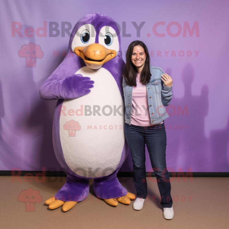 Lavender Penguin mascot costume character dressed with a Mom Jeans and Earrings