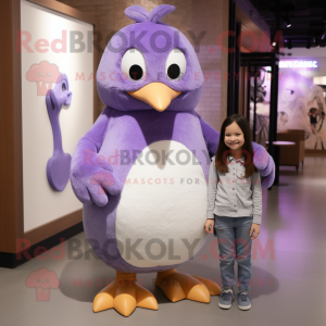 Lavender Penguin mascot costume character dressed with a Mom Jeans and Earrings