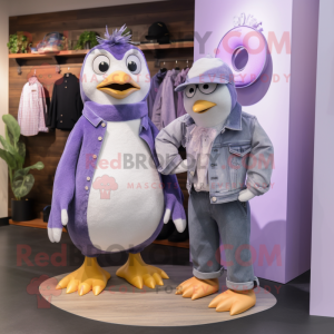 Lavender Penguin mascot costume character dressed with a Mom Jeans and Earrings