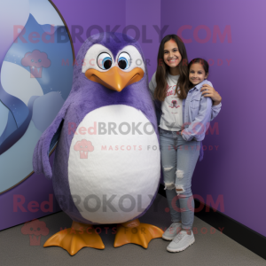 Lavender Penguin mascot costume character dressed with a Mom Jeans and Earrings