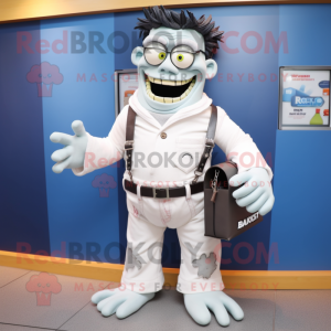 White Frankenstein mascot costume character dressed with a Jeans and Wallets