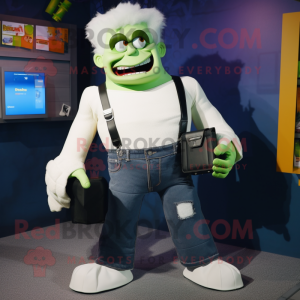 White Frankenstein mascot costume character dressed with a Jeans and Wallets