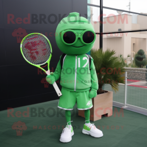 Green Tennis Racket mascot costume character dressed with a Sweatshirt and Sunglasses