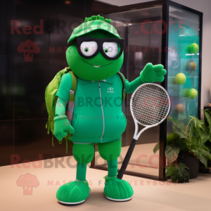 Green Tennis Racket mascot costume character dressed with a Sweatshirt and Sunglasses