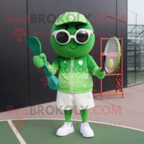 Green Tennis Racket mascot costume character dressed with a Sweatshirt and Sunglasses