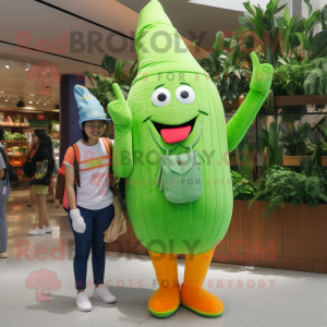 Lime Green Carrot mascot costume character dressed with a Denim Shirt and Clutch bags