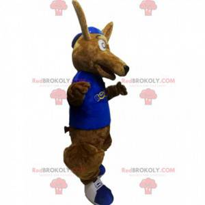 Mascotte de kangourou marron avec un maillot bleu -