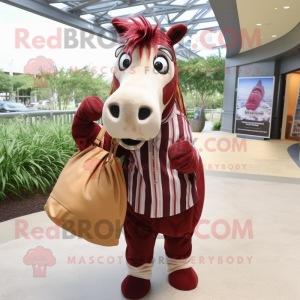 Maroon Quagga mascot costume character dressed with a Dress Shirt and Handbags