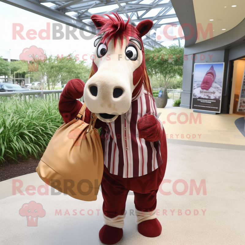 Maroon Quagga mascot costume character dressed with a Dress Shirt and Handbags Maroon Quagga mascot costume character dressed with a Dress Shirt and Handbags