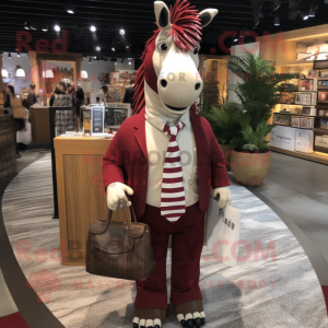 Maroon Quagga mascot costume character dressed with a Dress Shirt and Handbags