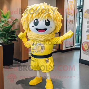 Lemon Yellow Ramen mascot costume character dressed with a Polo Shirt and Brooches