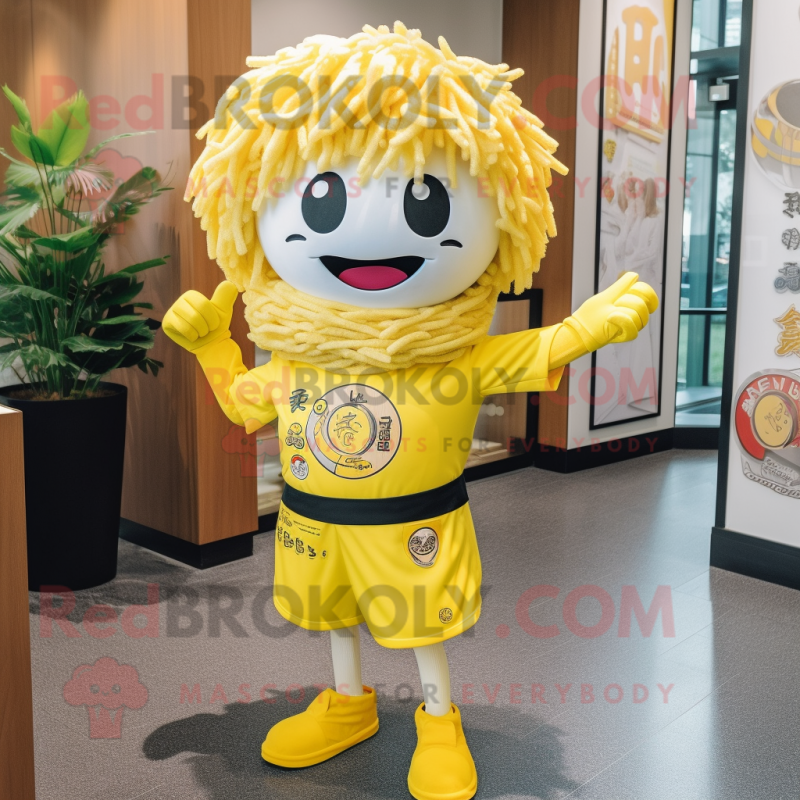 Lemon Yellow Ramen mascot costume character dressed with a Polo Shirt and Brooches Lemon Yellow Ramen mascot costume character dressed with a Polo Shirt and Brooches