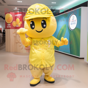 Lemon Yellow Ramen mascot costume character dressed with a Polo Shirt and Brooches