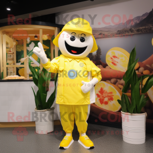 Lemon Yellow Ramen mascot costume character dressed with a Polo Shirt and Brooches