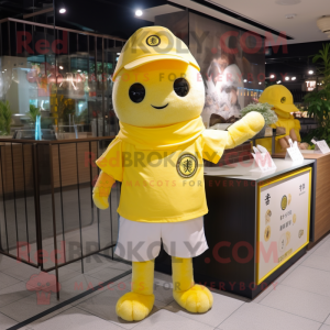 Lemon Yellow Ramen mascot costume character dressed with a Polo Shirt and Brooches