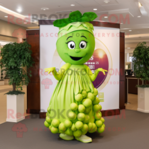 Lime Green Grape mascot costume character dressed with a Wrap Skirt and Headbands