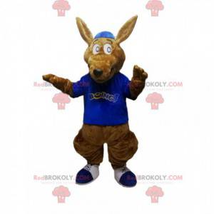 Brun kænguru-maskot med en blå trøje - Redbrokoly.com