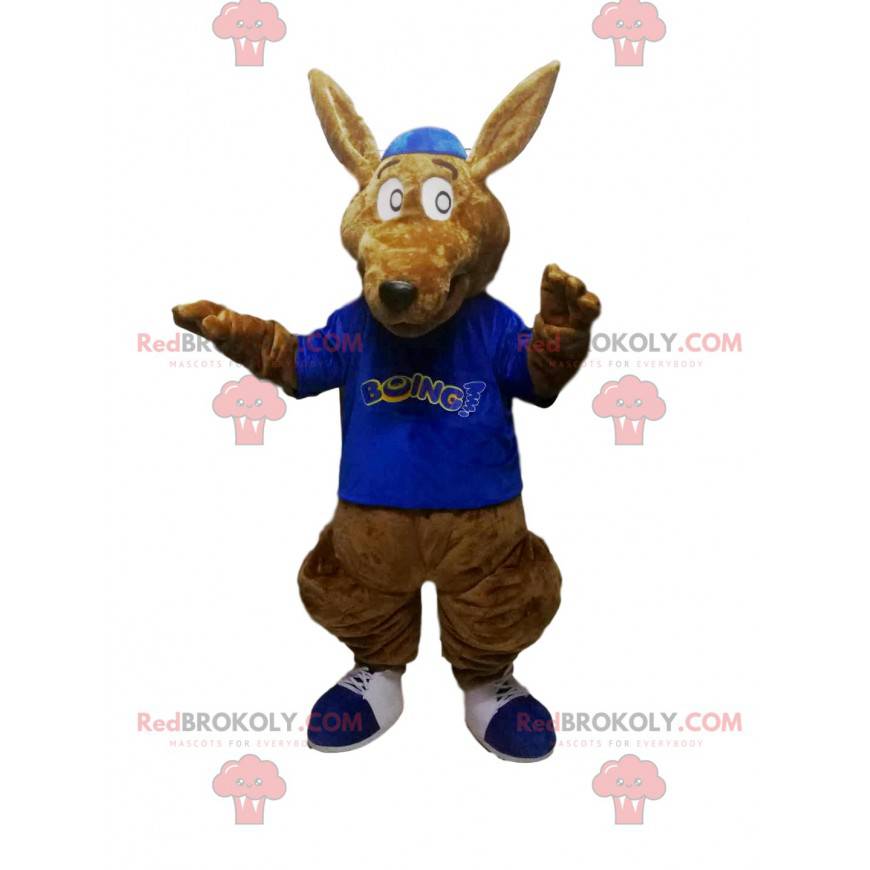Mascotte canguro marrone con una maglia blu - Redbrokoly.com