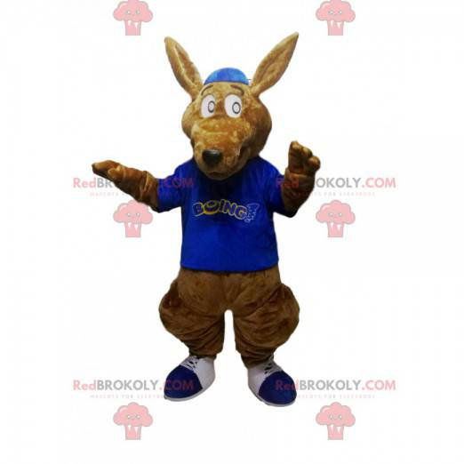 Mascotte de kangourou marron avec un maillot bleu -