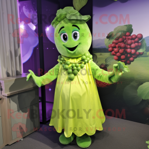 Lime Green Grape mascot costume character dressed with a Wrap Skirt and Headbands