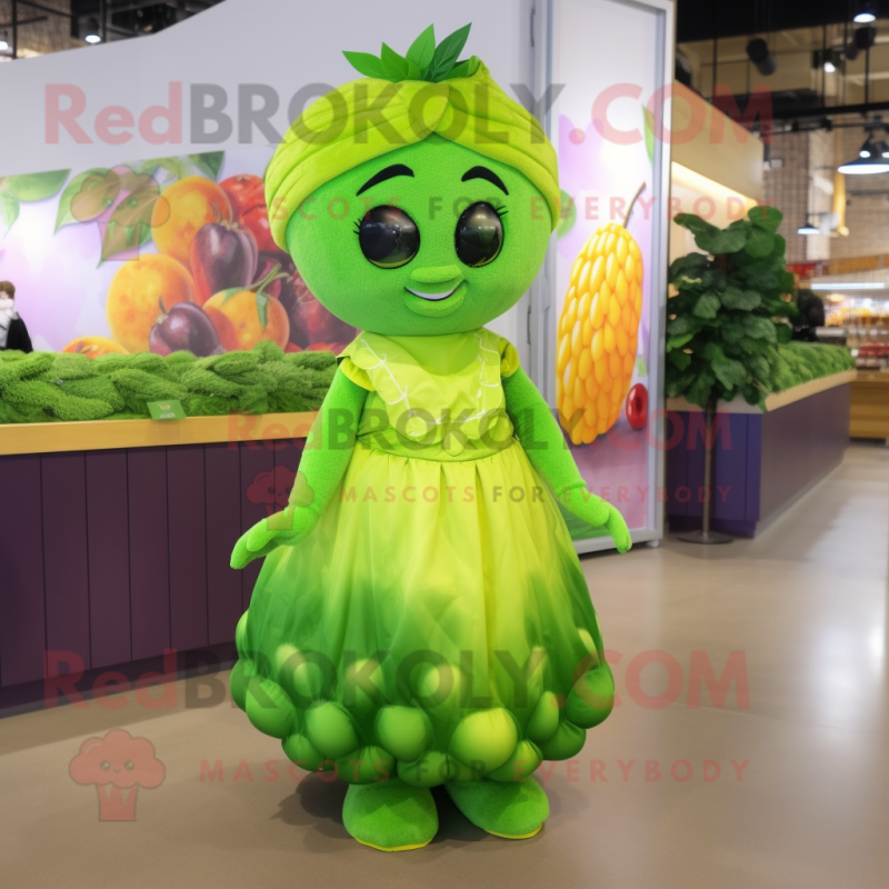 Lime Green Grape mascot costume character dressed with a Wrap Skirt and Headbands