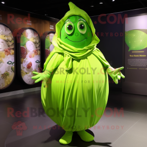 Lime Green Grape mascot costume character dressed with a Wrap Skirt and Headbands