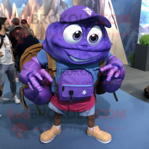 Purple Hermit Crab mascot costume character dressed with a Boyfriend Jeans and Backpacks