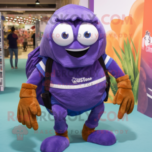 Purple Hermit Crab mascot costume character dressed with a Boyfriend Jeans and Backpacks