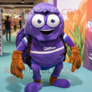 Purple Hermit Crab mascot costume character dressed with a Boyfriend Jeans and Backpacks