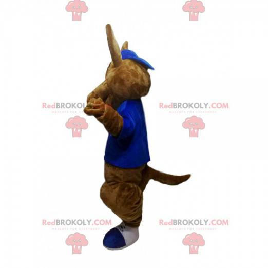 Mascotte canguro marrone con una maglia blu - Redbrokoly.com