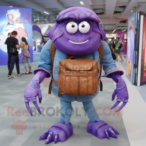 Purple Hermit Crab mascot costume character dressed with a Boyfriend Jeans and Backpacks