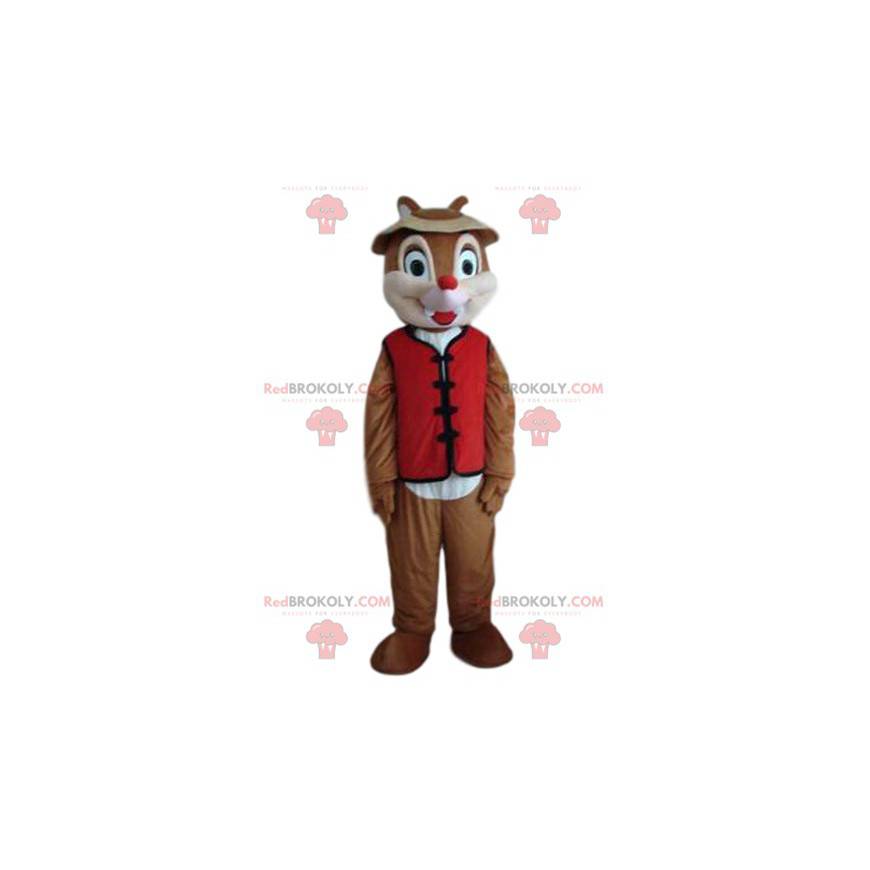 Mascotte de petit écureuil avec un gilet rouge et un chapeau -