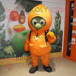 Orange Grenade mascot costume character dressed with a Parka and Messenger bags