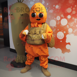 Orange Grenade mascot costume character dressed with a Parka and Messenger bags