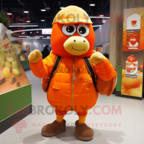 Orange Grenade mascot costume character dressed with a Parka and Messenger bags