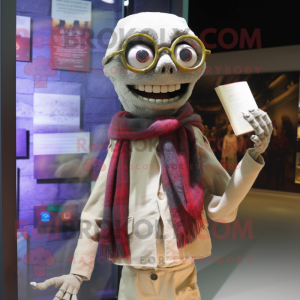 Beige Undead mascot costume character dressed with a Cardigan and Eyeglasses