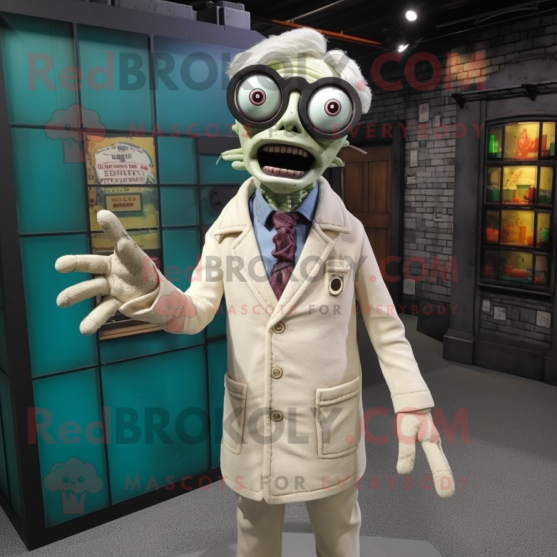 Beige Undead mascot costume character dressed with a Cardigan and Eyeglasses Beige Undead mascot costume character dressed with a Cardigan and Eyeglasses