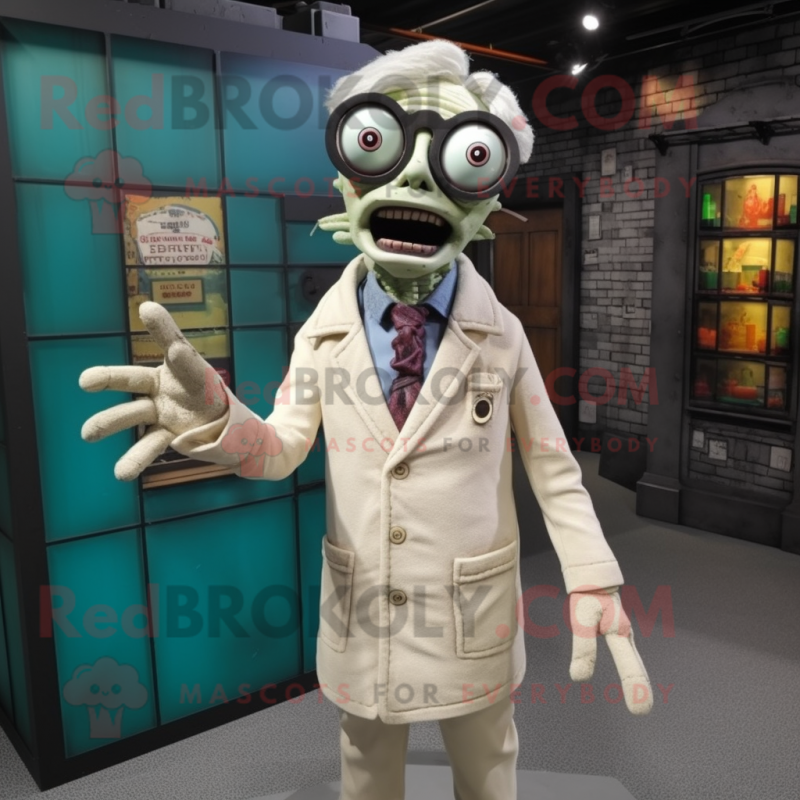 Beige Undead mascot costume character dressed with a Cardigan and Eyeglasses