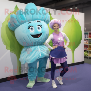 Sky Blue Corned Beef And Cabbage mascot costume character dressed with a Yoga Pants and Hair clips