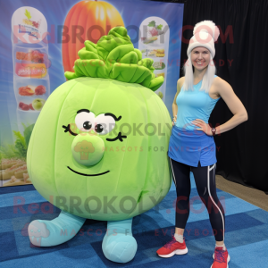 Sky Blue Corned Beef And Cabbage mascot costume character dressed with a Yoga Pants and Hair clips