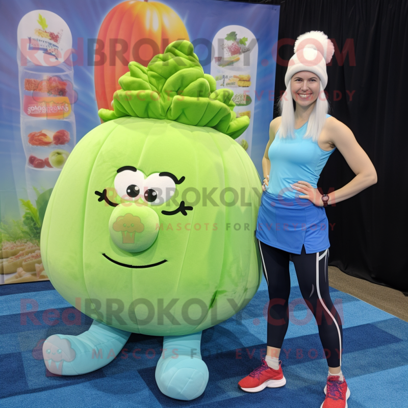 Sky Blue Corned Beef And Cabbage mascot costume character dressed with a Yoga Pants and Hair clips